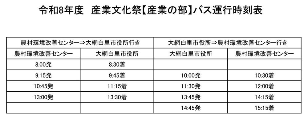 令和8年度産業文化祭(産業の部)の無料シャトルバス時刻表。農村環境改善センター発は8時・9時15分・10時45分・13時、大網白里市役所発は10時・11時30分・13時45分・14時45分