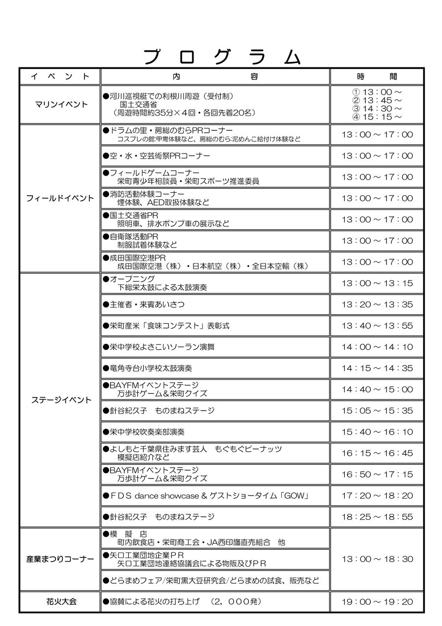 SAKAEリバーサイド・フェスティバル2026のプログラム表。マリンイベントは河川巡視艇での利根川周遊（受付制、約35分×4回、各回先着20名、13時・13時45分・14時30分・15時15分）。フィールドイベントはドラムの里・房総のむらPR、空・水・空芸術祭PR、フィールドゲーム、消防活動体験、国土交通省PR、自衛隊活動PR、成田国際空港PRがいずれも13時〜17時。ステージは13時の下総栄太鼓から18時55分の針谷紀久子ものまねステージまで。産業まつりコーナーは13時〜18時30分。花火は19時〜19時20分、2,000発