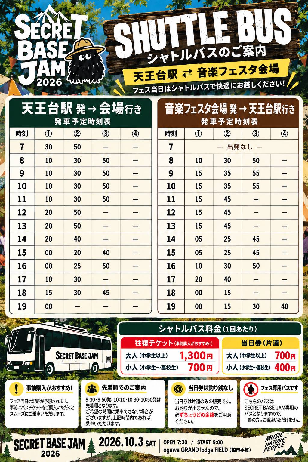 天王台駅と会場を結ぶシャトルバスの発車予定時刻表。往路は7時30分から19時00分、復路は8時10分から19時40分まで、料金表つき