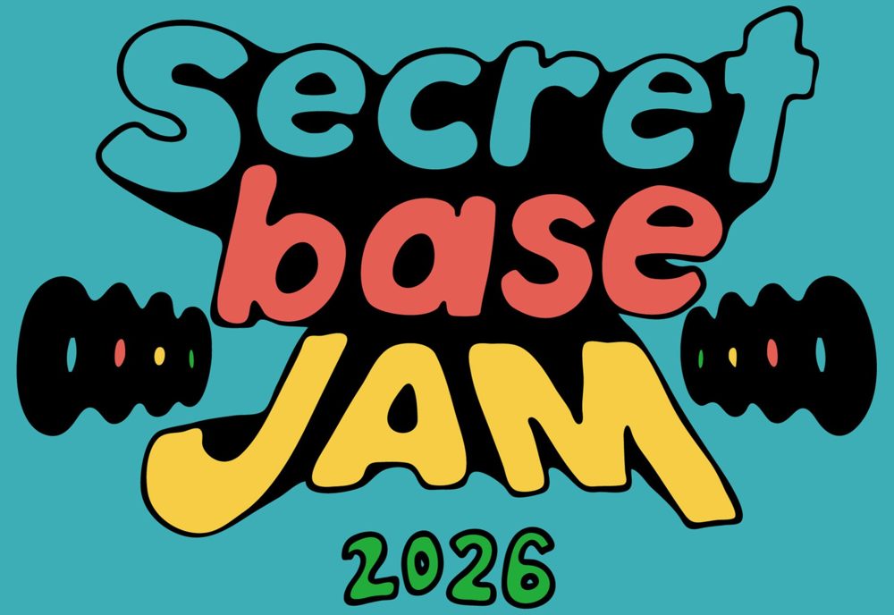 水色の背景に「Secret base JAM 2026」と書かれたカラフルなロゴ