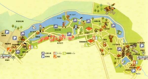 大池を中心に、駐車場の「P」マークや施設のイラストが配置された公園の案内図