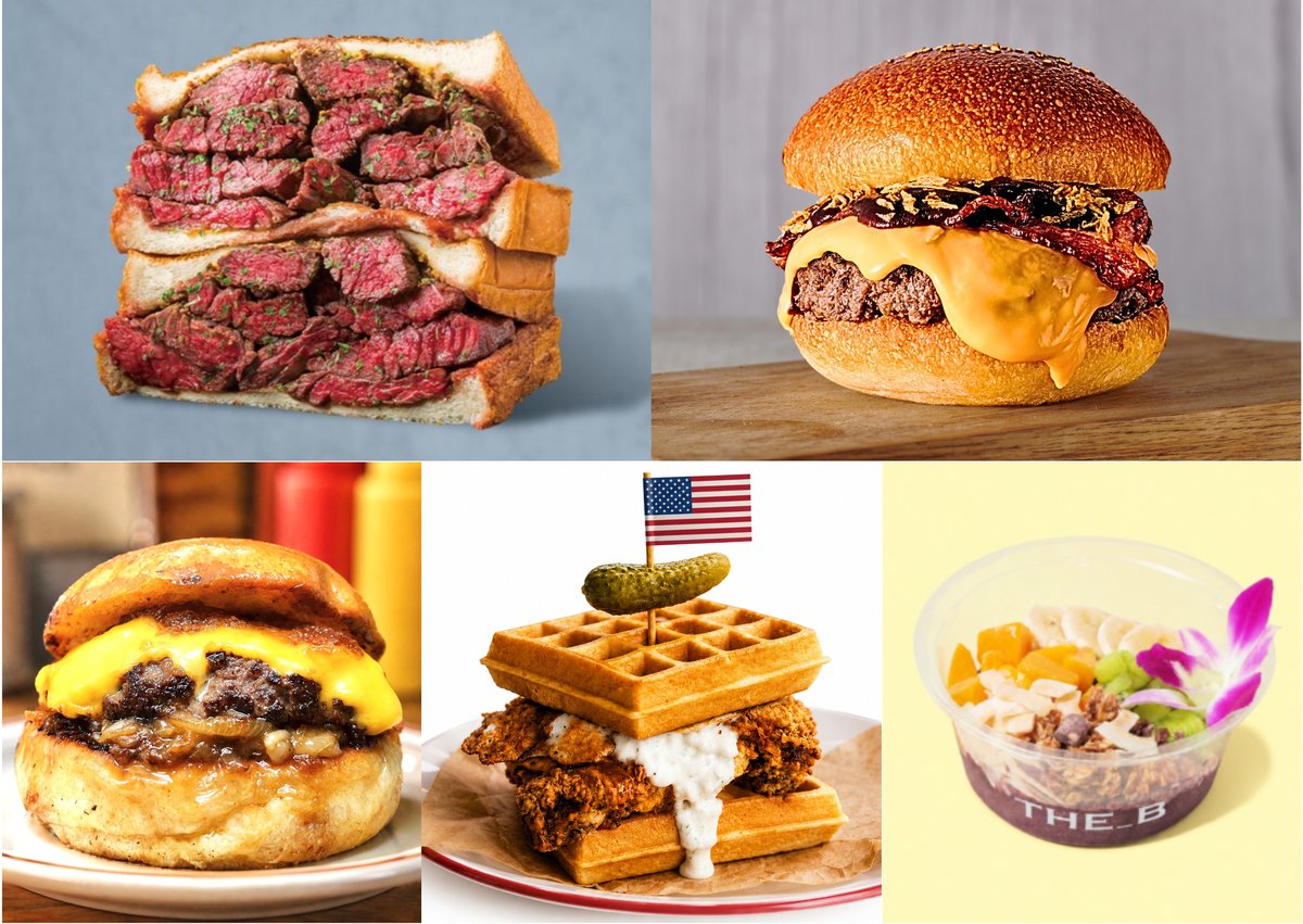 ALL AMERICAN FOOD FESTIVAL '26の注目メニュー。赤身肉のミートサンド、ハンバーガー、ワッフルチキンサンド、アサイーボウル