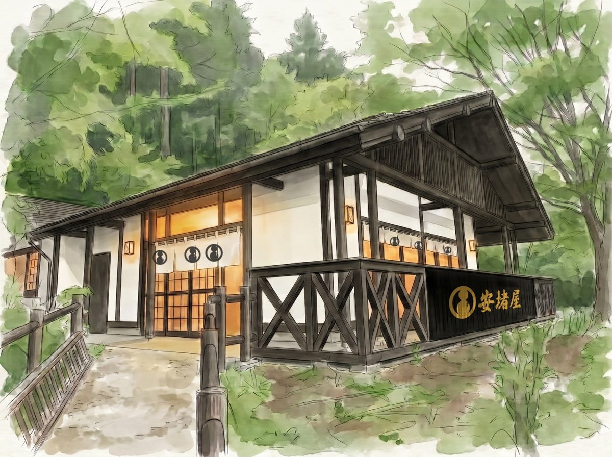 木立の中に建つ白壁と黒い木組みの店舗を描いたイラスト。軒先に「安堵屋」の文字