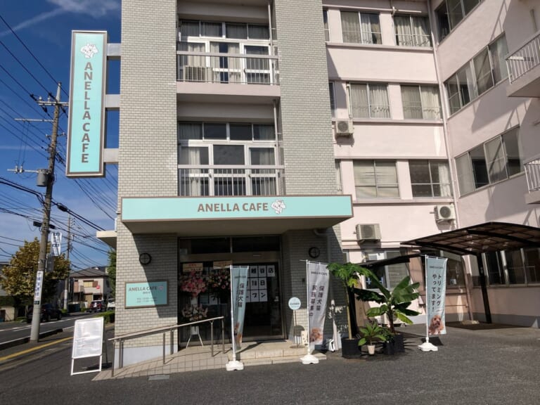 白い建物の1階に「ANELLA CAFE」の看板とのぼり、縦長の店名看板