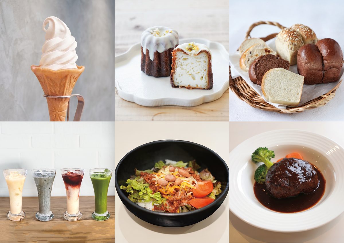 ソフトクリーム、カヌレ、米粉パン、4色の甘酒ドリンク、タコライス、煮込みハンバーグの写真を6枚並べた画像