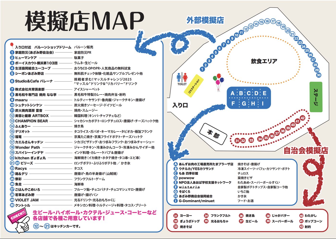 2025年あざみ野まつりの模擬店MAP。入口、トイレ、ゴミステーション、本部、ステージ、中央の飲食エリア、外周の外部模擬店1〜30、商店会エリアA〜I、自治会模擬店31〜42の位置と店名・品目の一覧