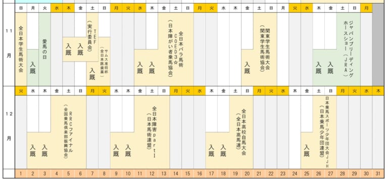 JRA馬事公苑の2026年イベント・馬術競技会等スケジュールの11月・12月部分。愛馬の日、全日本パラ馬術、ジャパンブリーディングホースショー、RRCファイナル、全日本障害Part I、全日本高校自馬大会などの日程