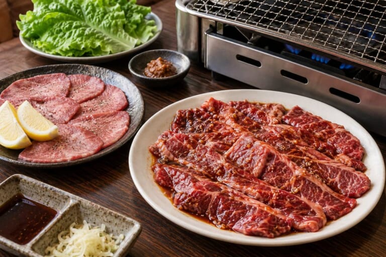 タレに漬け込んだハラミとレモンを添えた塩タンのイメージ画像
