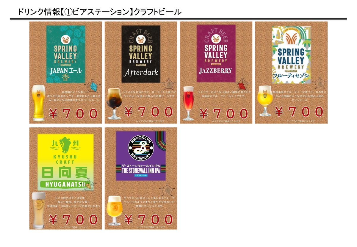 BREW at the ZOO 2026のビールメニューの1ページ目。SPRING VALLEYのJAPANエール香、Afterdark、JAZZBERRY、フルーティセゾン、九州CRAFT日向夏、ブルックリンのザ・ストーンウォールインIPAが各700円
