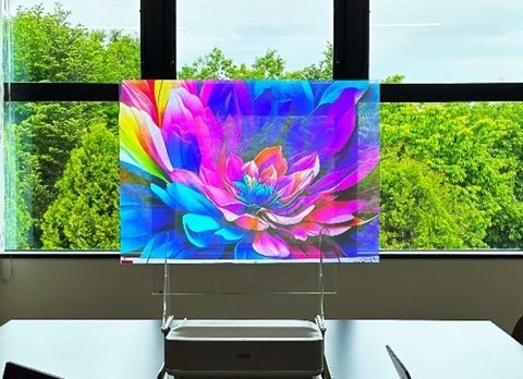 窓の外の木々が透けて見える透明なスクリーンに、色鮮やかな花の映像が映し出されている写真