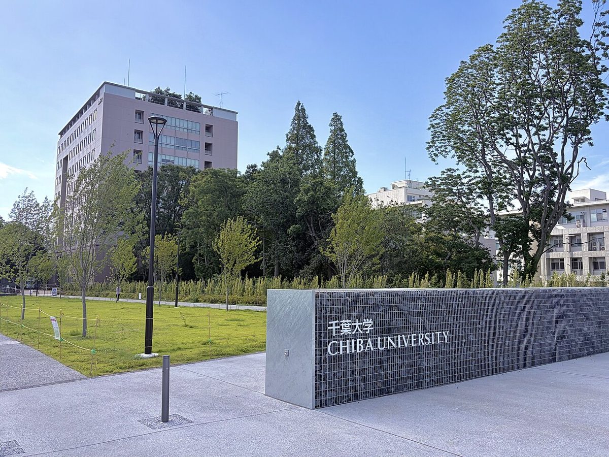 千葉大学西千葉キャンパスの入口。「千葉大学 CHIBA UNIVERSITY」と書かれた石積みの銘板の奥に芝生と校舎が見える