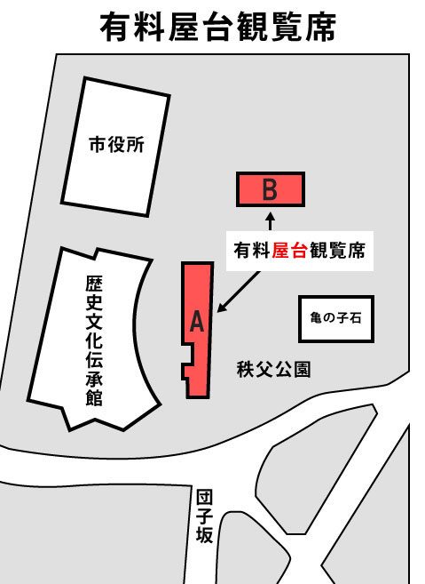 有料屋台観覧席の配置図。市役所と歴史文化伝承館の間の秩父公園内にA席、その北側にB席があり、南に団子坂、東に亀の子石が描かれている