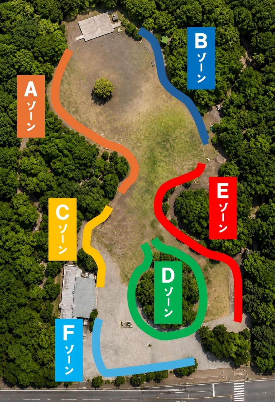 きいろ公園の航空写真に、キッチンカーの出店場所をAゾーンからFゾーンまで色分けして示した図。広場の外周に沿ってA・B・C・Eゾーン、南側の植え込み周辺にDゾーン、道路沿いにFゾーン