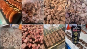 鉄板で焼かれるソーセージや角切りの牛肉が並ぶ、ちくさんフードフェアの肉の販売ブース（2025年開催時）