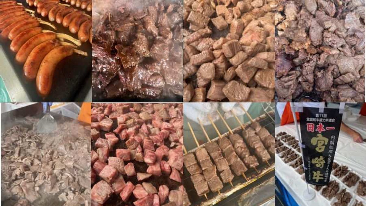 鉄板で焼かれるソーセージや角切りの牛肉が並ぶ、ちくさんフードフェアの肉の販売ブース(2025年開催時)