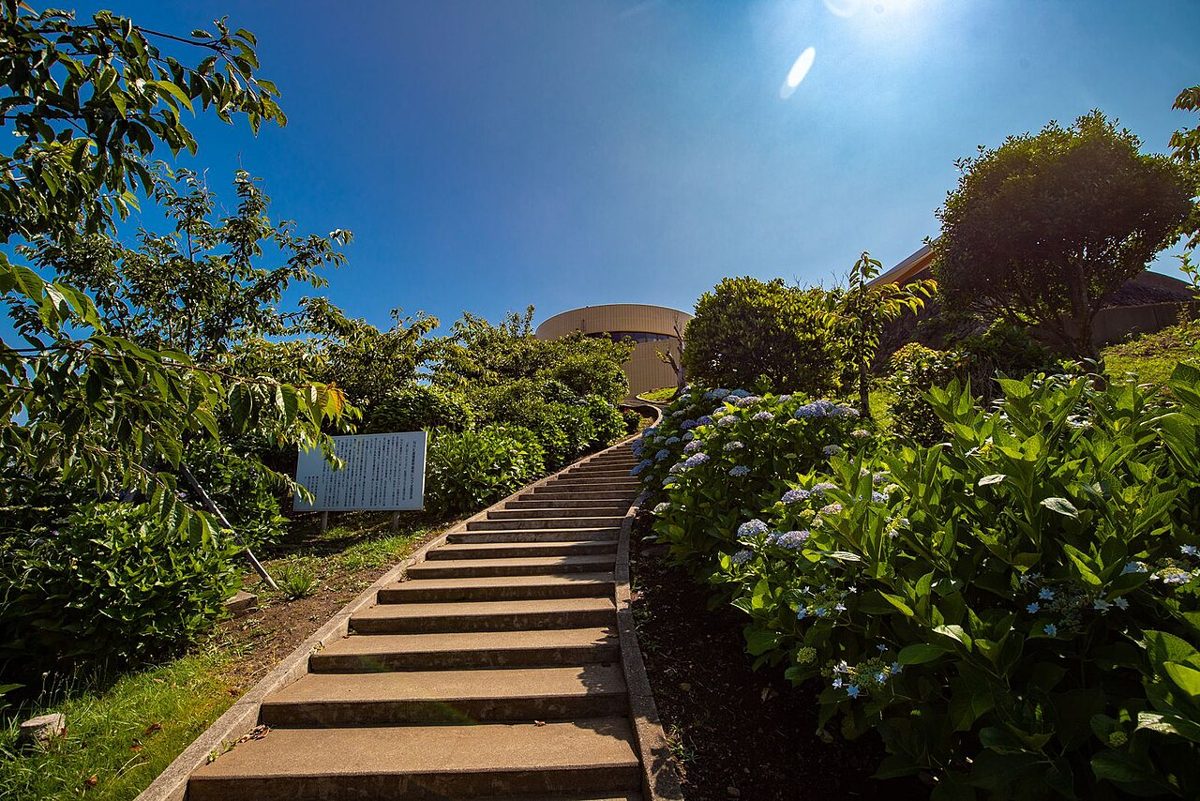 あじさいの植え込みに沿った石段の先に、地球の丸く見える丘展望館の丸い建物が見える晴れた日の写真