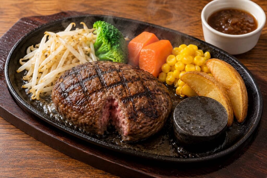 鉄板にのった網目の焼き目のハンバーグと付け合わせの野菜、焼き石とオニオンソースのイメージ画像