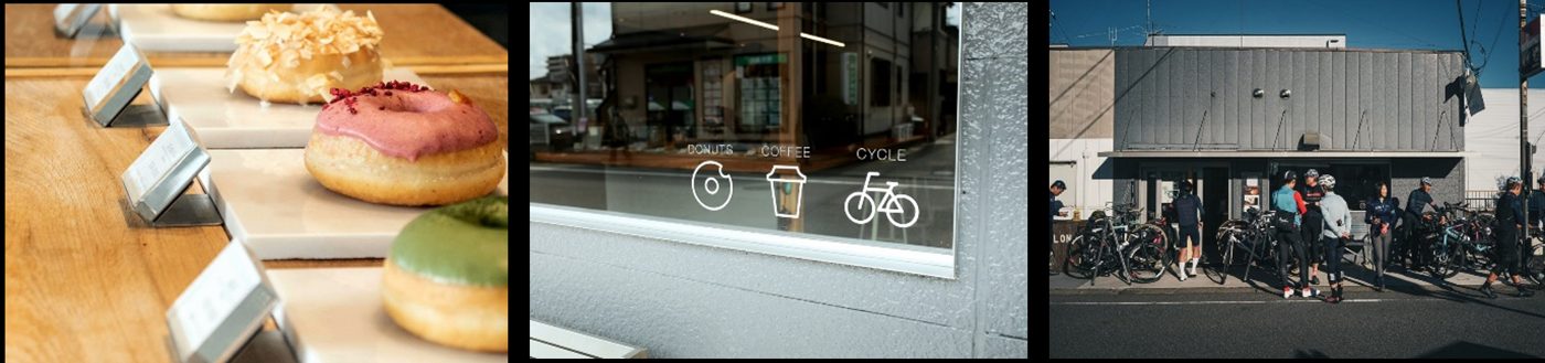 木の台に並ぶドーナツと値札、DONUTS・COFFEE・CYCLEのアイコンが描かれた窓、グレーの外壁の店の前に自転車と人が集まる様子の3枚の写真