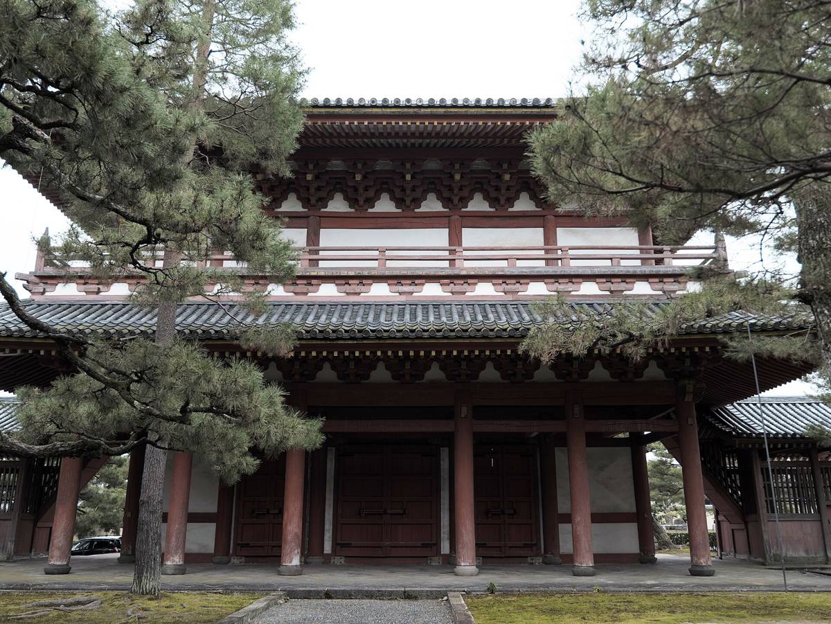 松の木の間に建つ朱色の柱と二重の屋根をもつ大徳寺の三門を正面から見た写真