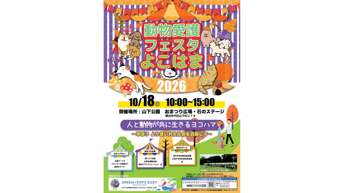 動物愛護フェスタよこはま2026のチラシ表紙。10月18日10時〜15時、山下公園おまつり広場・石のステージ