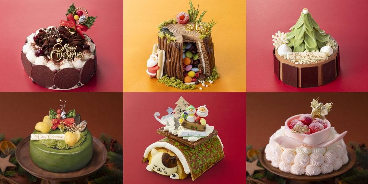 赤い背景の上に、チョコレートや苺、抹茶、猫の飾りなどのクリスマスケーキ6種類を並べたコラージュ画像