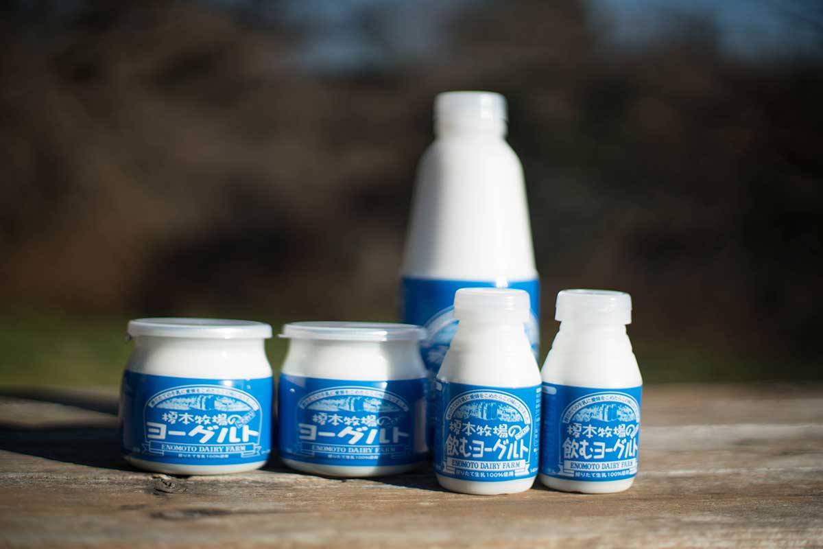 木のテーブルの上に、青いラベルのカップのヨーグルト4個と、のむヨーグルトのボトルが並んでいる写真