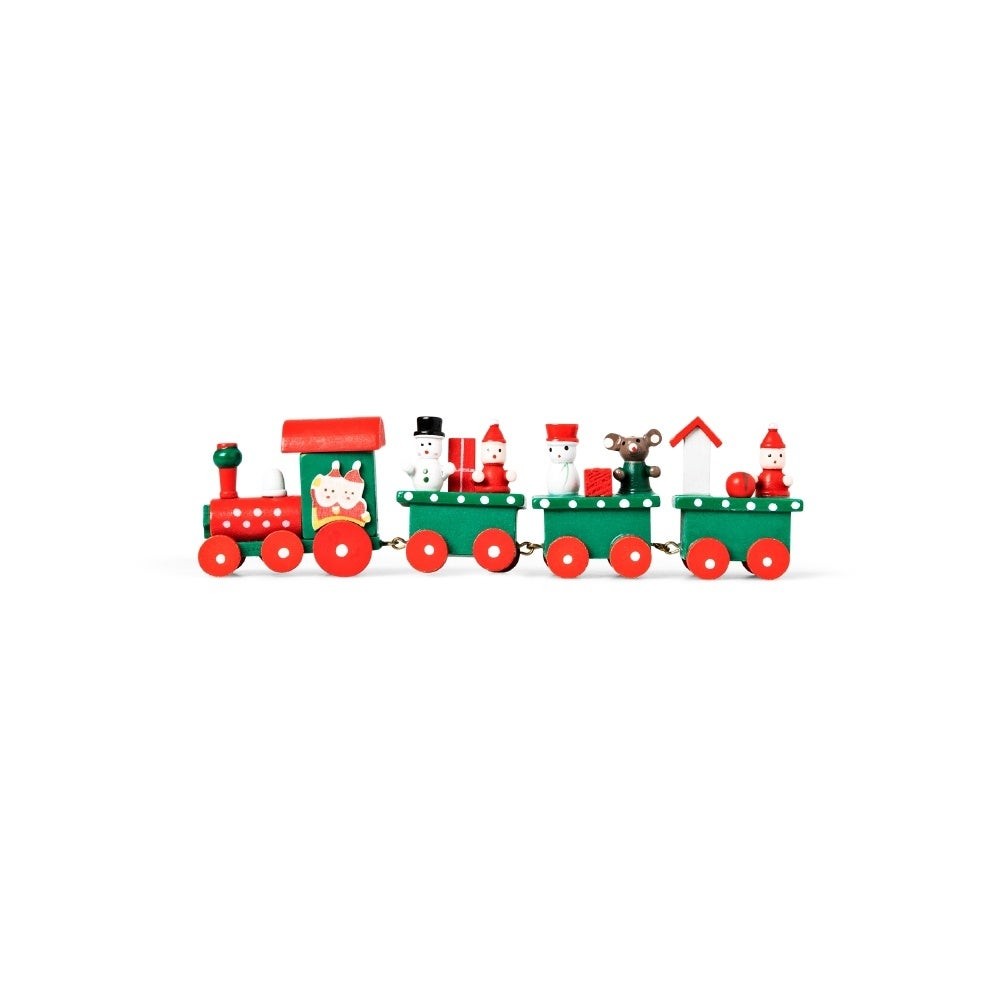 赤と緑の4両にサンタや雪だるまを乗せたクリスマストレイン