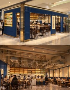 紺色の柱と金色の「GOLD」の看板がある店の入口と、ワインの棚に囲まれたテーブル席が並ぶ店内
