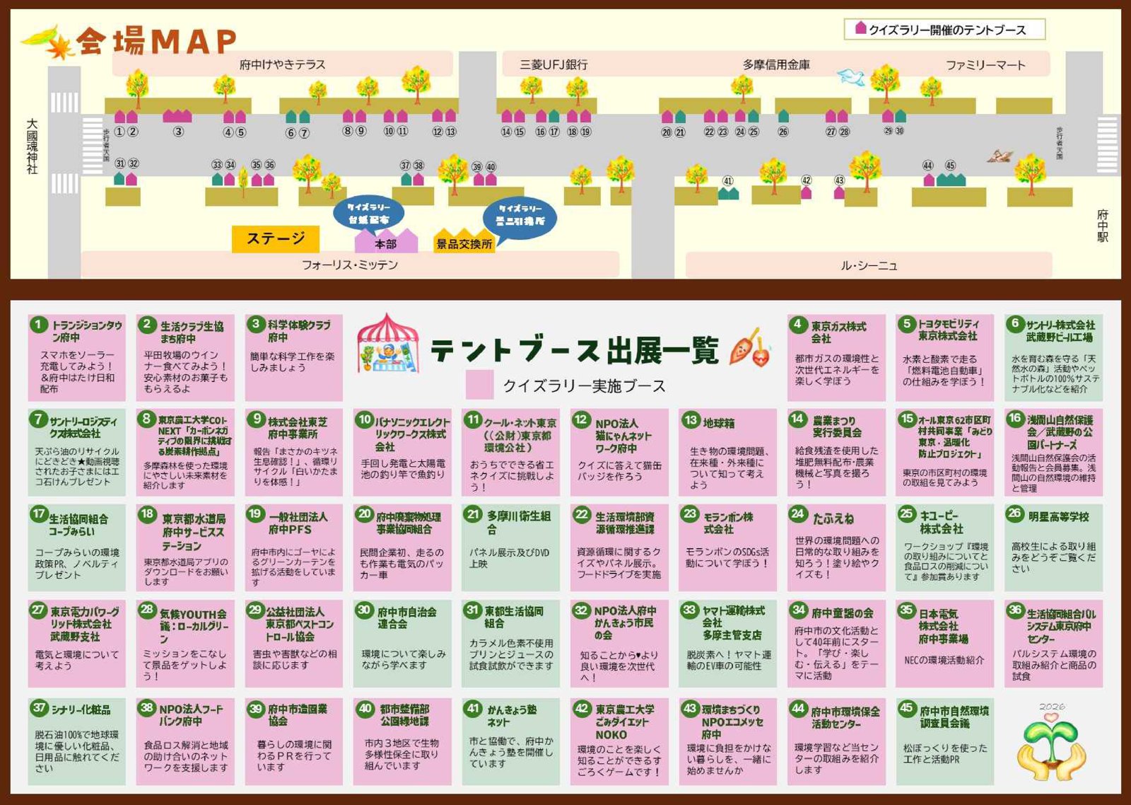 府中環境まつり2026の会場マップ。けやき並木通りの両側に1〜45番のテントが並び、フォーリス・ミッテン前にステージ、本部、景品交換所がある。下にテントブース出展一覧