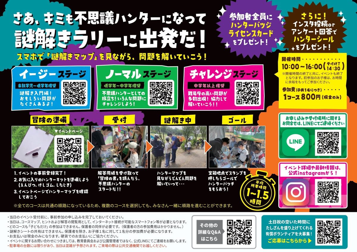 3つのコースの説明と、準備・受付・謎解き・ゴールの4段階の写真、開催時間と参加費800円の案内