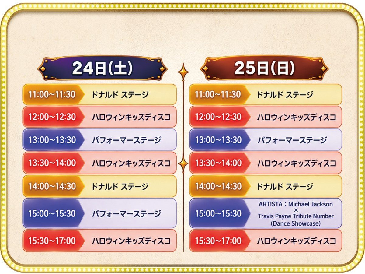 二子玉川ハロウィンパーティー2026のステージ時間割。24日(土)・25日(日)とも11時と14時にドナルド ステージ、12時・13時30分・15時30分からハロウィンキッズディスコ、25日15時はARTISTAのダンスショーケース