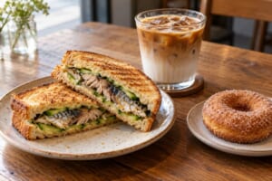 サバとキュウリのホットサンド、アイスカフェラテ、シナモンドーナツのイメージ画像