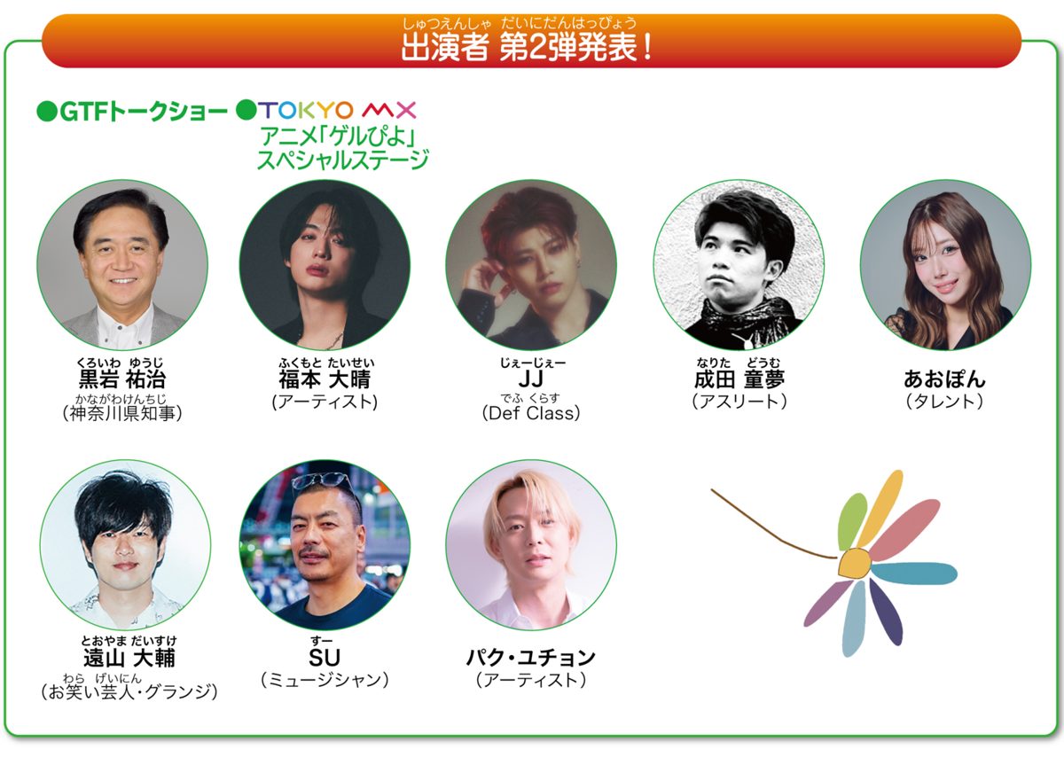ステージ出演者第2弾の発表画像。GTFトークショーの黒岩祐治さん、『ゲルぴよ』スペシャルステージの福本大晴さん、JJさん、成田童夢さん、あおぽんさん、遠山大輔さん、SUさん、パク・ユチョンさんの顔写真が並ぶ