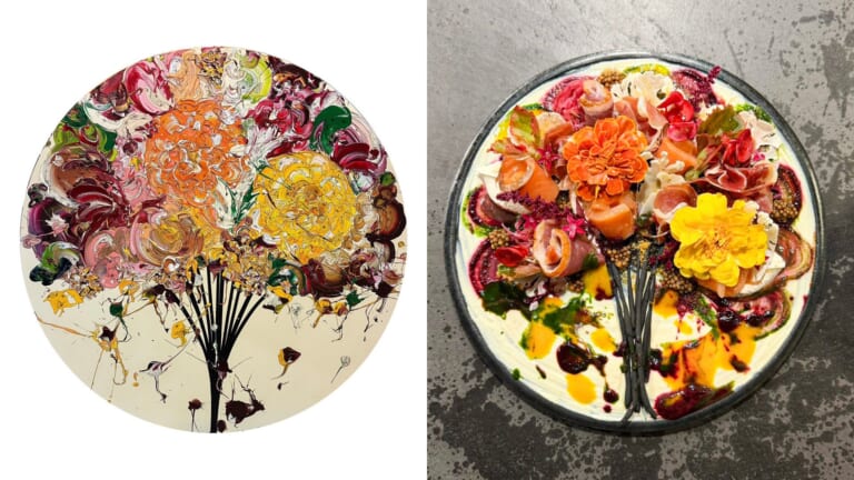 左に奥田雄太氏の作品、右にguu tableの限定料理mimimi bouquet