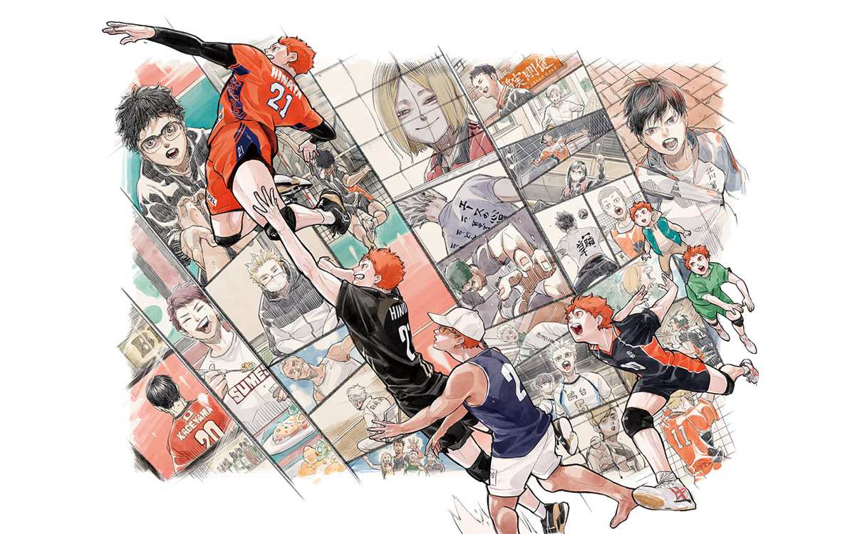 スパイクを打つ日向翔陽らと、背景に漫画のコマが並ぶビジュアル