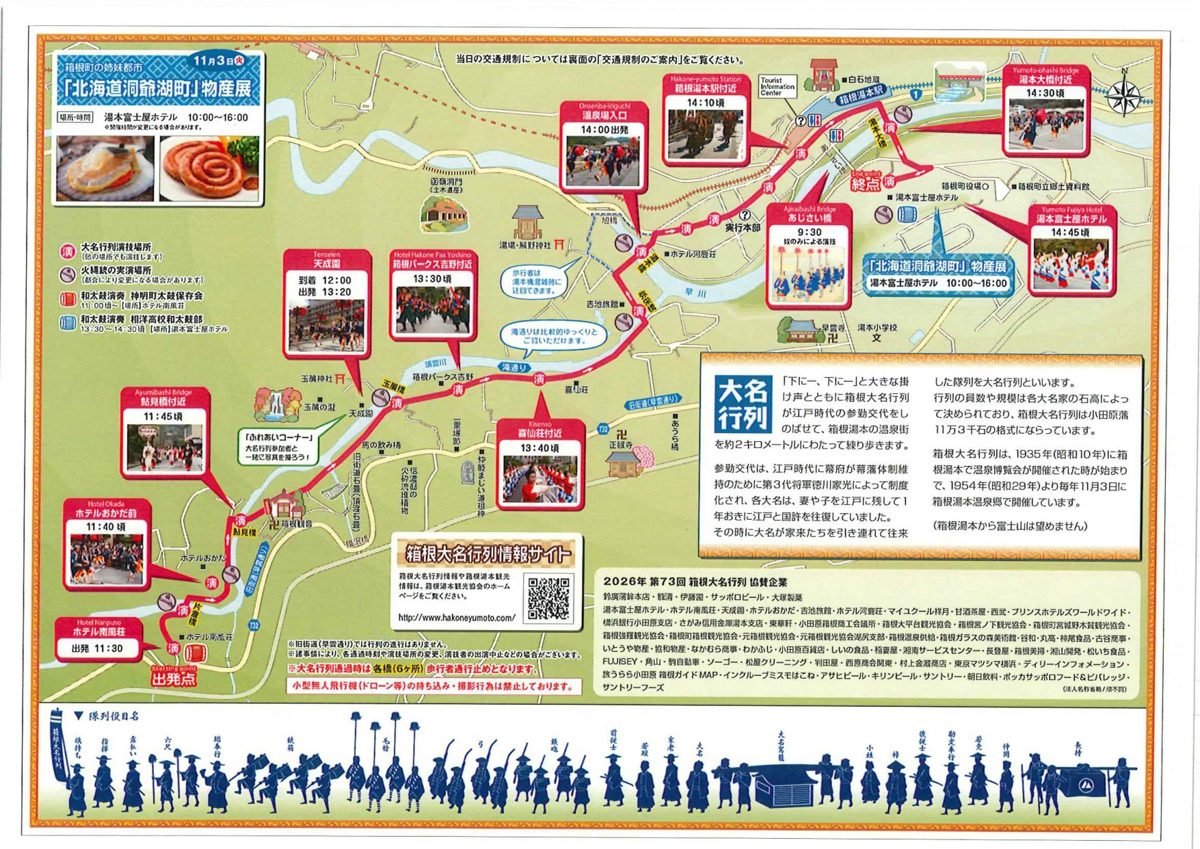 第73回箱根大名行列の行程表。ホテル南風荘から湯本富士屋ホテルまでのコース図と各地点の通過時刻