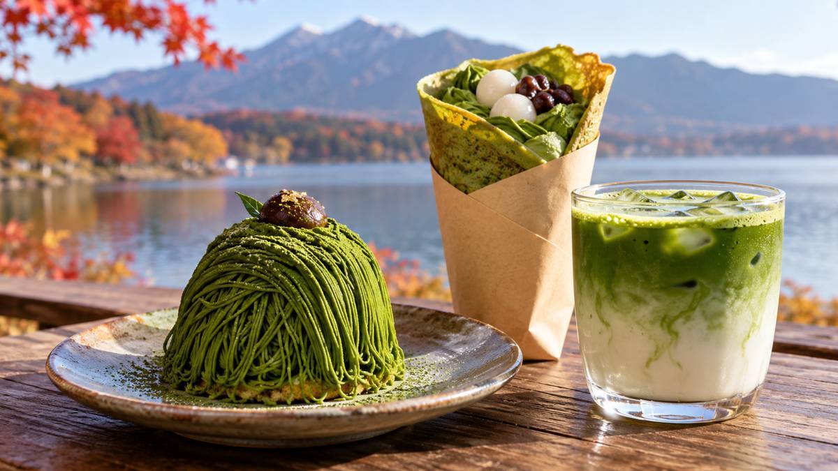 細い抹茶クリームを高く絞ったモンブラン、抹茶生地のクレープ、抹茶ラテが湖畔のテーブルに並ぶイメージ