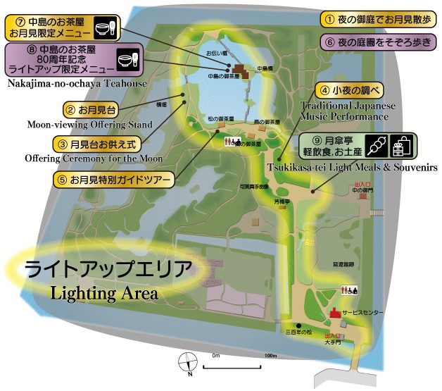 浜離宮恩賜庭園の園内マップ。大手門から中島の御茶屋までのライトアップの園路と、お月見台、月見台お供え式、小夜の調べ、お月見特別ガイドツアー、月傘亭、中島の御茶屋の位置