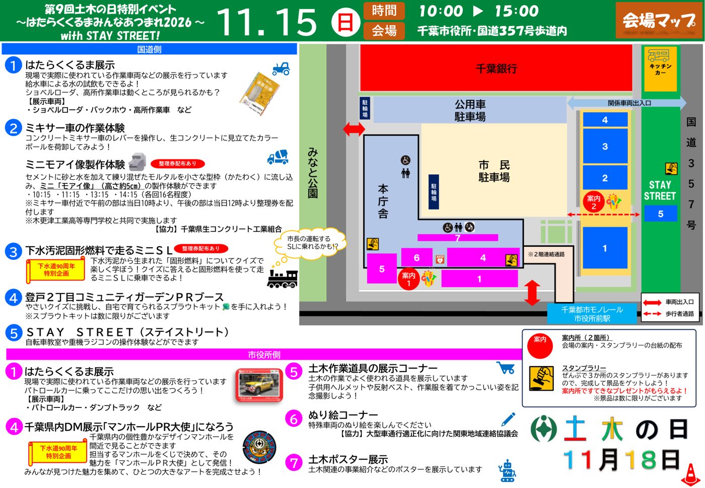 千葉市役所の本庁舎と市民駐車場、国道357号に番号付きの企画の場所を示した会場マップと、各企画の説明