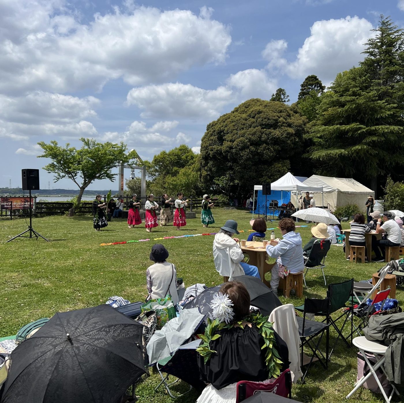 芝生の上でフラを踊る人たちと、折りたたみ椅子やテーブルを置き、日傘を差して見る観客。奥に白いテントと木々