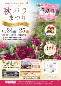 秋バラまつり～ローズフェスタ2026～のチラシ。10/24（土）-25（日）10:00〜16:00、荒天中止、会場は伊奈町制施行記念公園。25日14:30からAmphoriaのイベント出演、24日のハッピーハロウィンパレードは10時20分に第3バラ園入口に集合、24日ブルガリアブース出展、10/25同日開催の商工フェスティバルの案内