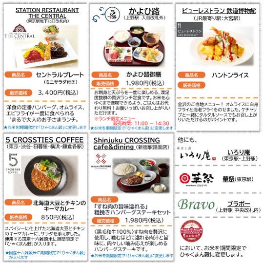 THE CENTRALのセントラルプレート、かよひ路御膳、ハントンライス、キーマカレー、ハンバーグステーキセットの写真と価格を並べた一覧