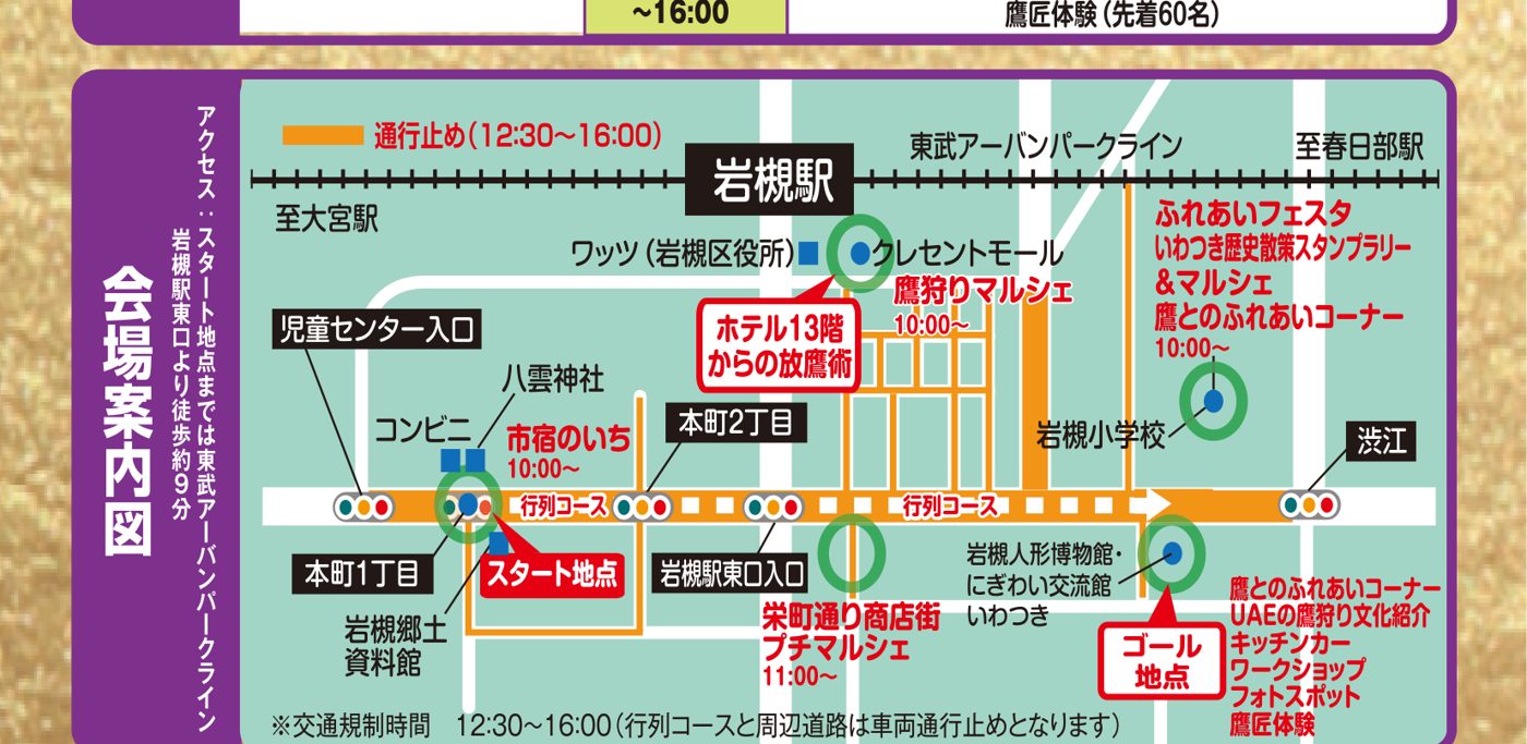 岩槻駅と周辺の通りに、本町1丁目のスタート地点からゴールの岩槻人形博物館までの行列コースと通行止め（12:30〜16:00）を示し、クレセントモールの鷹狩りマルシェ、市宿のいち、栄町通り商店街プチマルシェ、岩槻小学校のふれあいフェスタ、ゴール地点の鷹とのふれあいコーナーやキッチンカーの場所を示した図