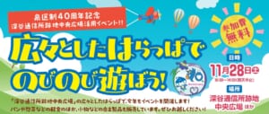 青空と熱気球のイラストに「広々としたはらっぱでのびのび遊ぼう！」「11月28日（土）10:00〜14:00（雨天中止）」「参加費無料」の文字