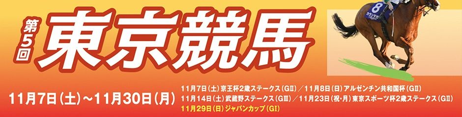 「第5回 東京競馬 11月7日(土)〜11月30日(月)」の文字と重賞の日程、11月29日(日)ジャパンカップ(GI)、カランダガンの走る写真