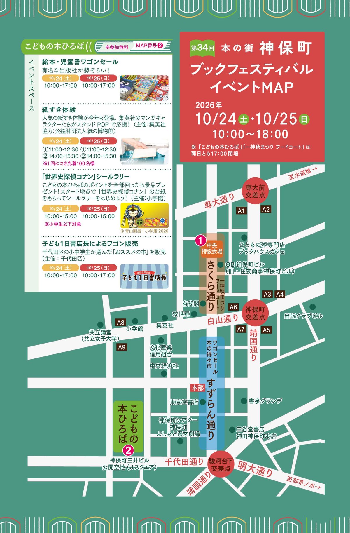 第34回 神保町ブックフェスティバルのイベントMAP。さくら通りの中央特設会場（1）と一神秋まつりフードコート、すずらん通りのワゴンセール本の得々市と本部、神保町三井ビル公開空地のこどもの本ひろば（2）、神保町駅の出口の位置