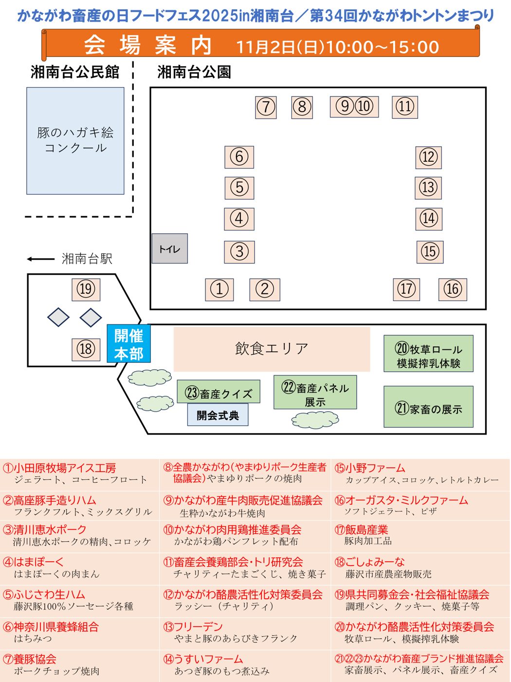 かながわ畜産の日フードフェス2025・第34回かながわトントンまつりの会場案内図。湘南台公園に1から17番の出店ブース、別の区画に飲食エリア、牧草ロール・模擬搾乳体験、家畜の展示、畜産パネル展示、畜産クイズ、開催本部。左に湘南台公民館の豚のハガキ絵コンクール、下に出店者一覧