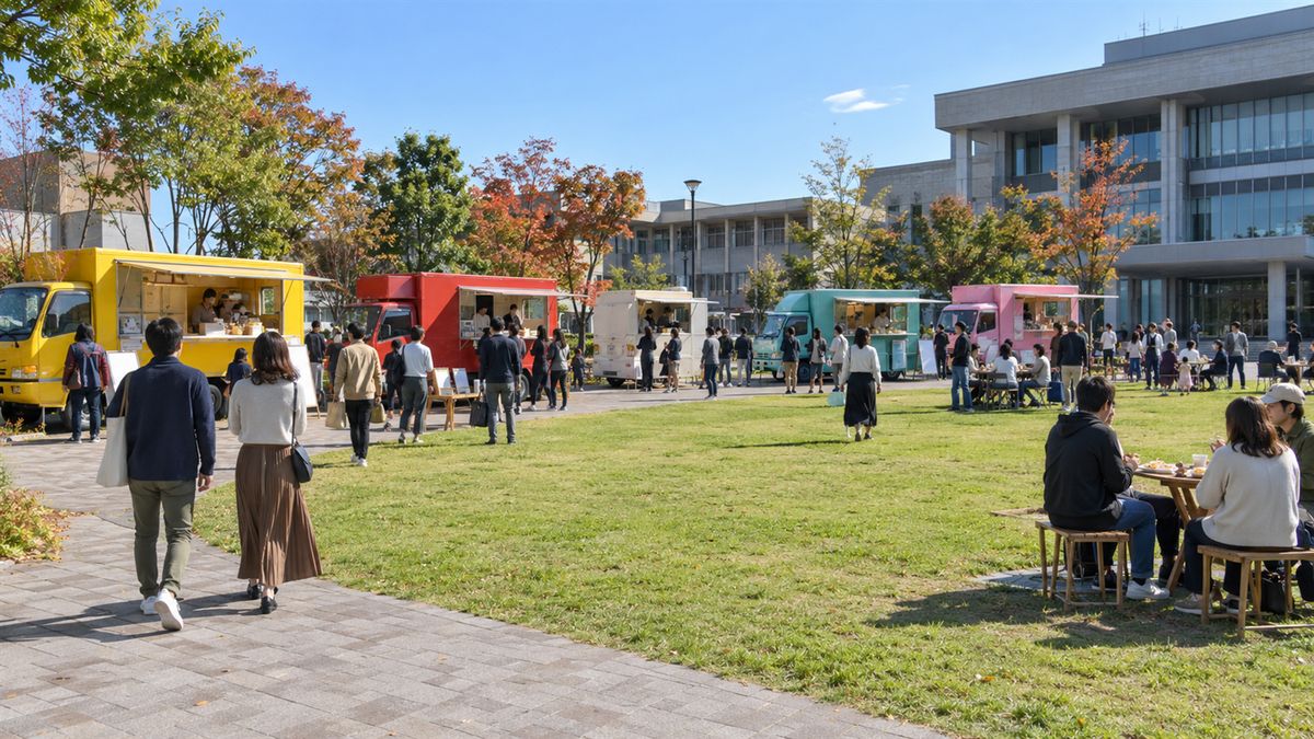 公園の広場に色とりどりのキッチンカーが並び、来場者が料理を手に歩いているイメージ（AI生成）