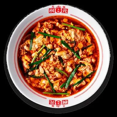 赤いスープに溶き卵、ニラ、ひき肉が入った元祖辛麺を上から写した写真