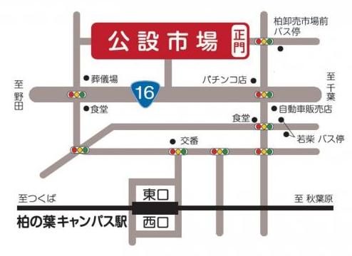 柏市公設市場の周辺地図。国道16号線の北側に公設市場と正門、南側に柏の葉キャンパス駅の東口・西口、交番、食堂、自動車販売店、若柴バス停、柏卸売市場前バス停の位置